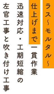 ラス～モルタル～仕上げまで一貫作業 迅速対応・工期短縮の左官工事と吹き付け工事